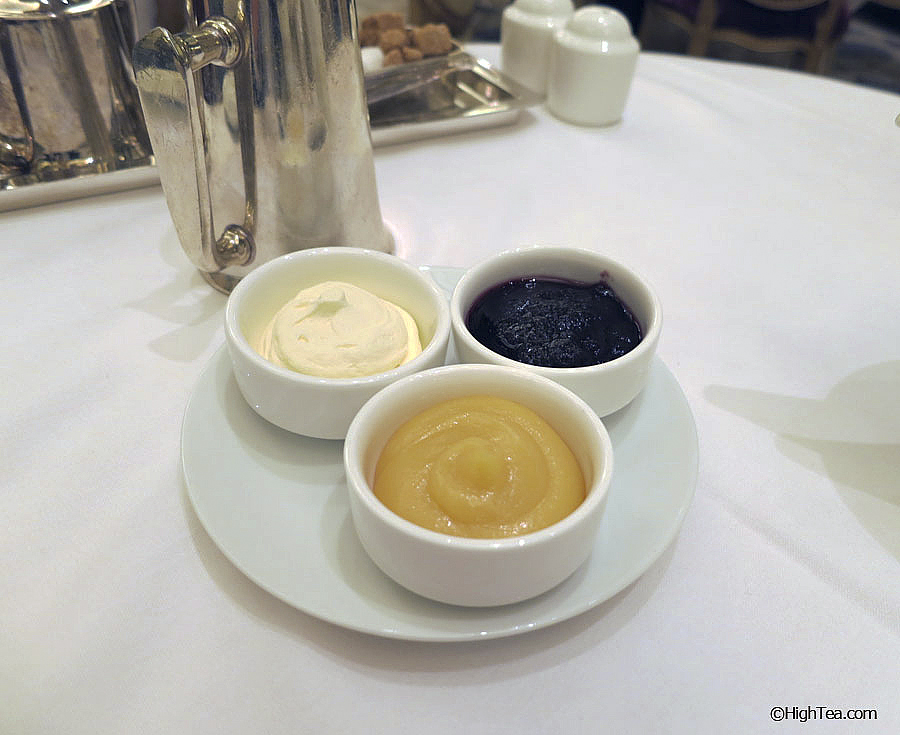 Double Devonshire clotted cream, lemon curd, preserves for scones at Plaza Hotel afternoon tea